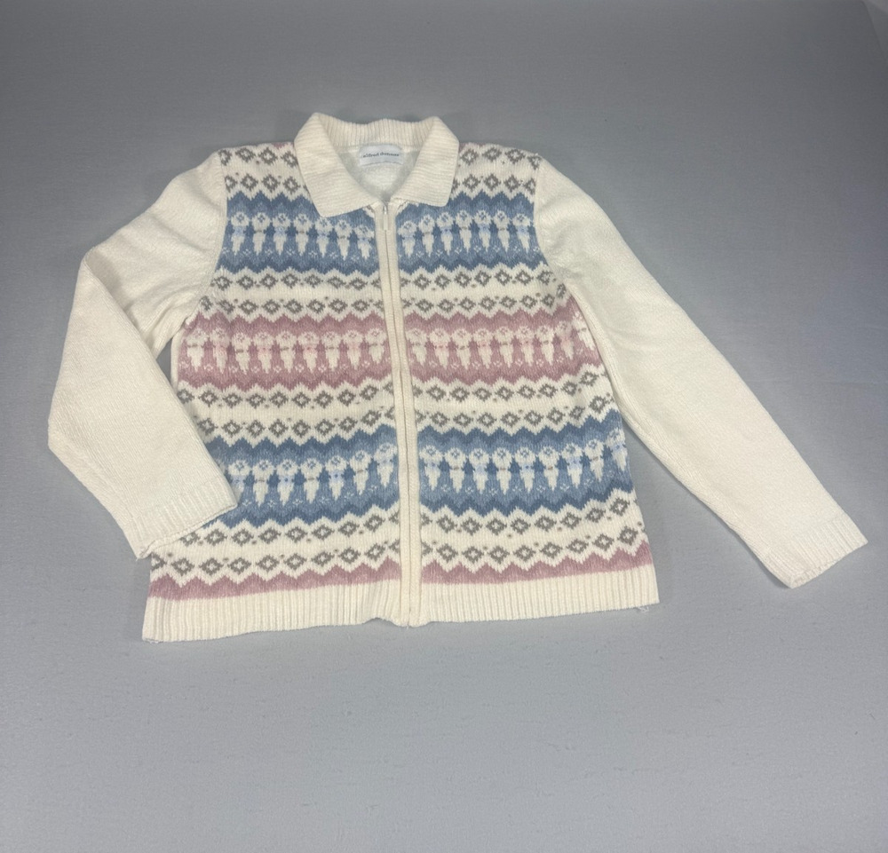 Alfred Dunner Chenille Zip Cardigan Sweater Womens M Fair Isle Sequin Vintage